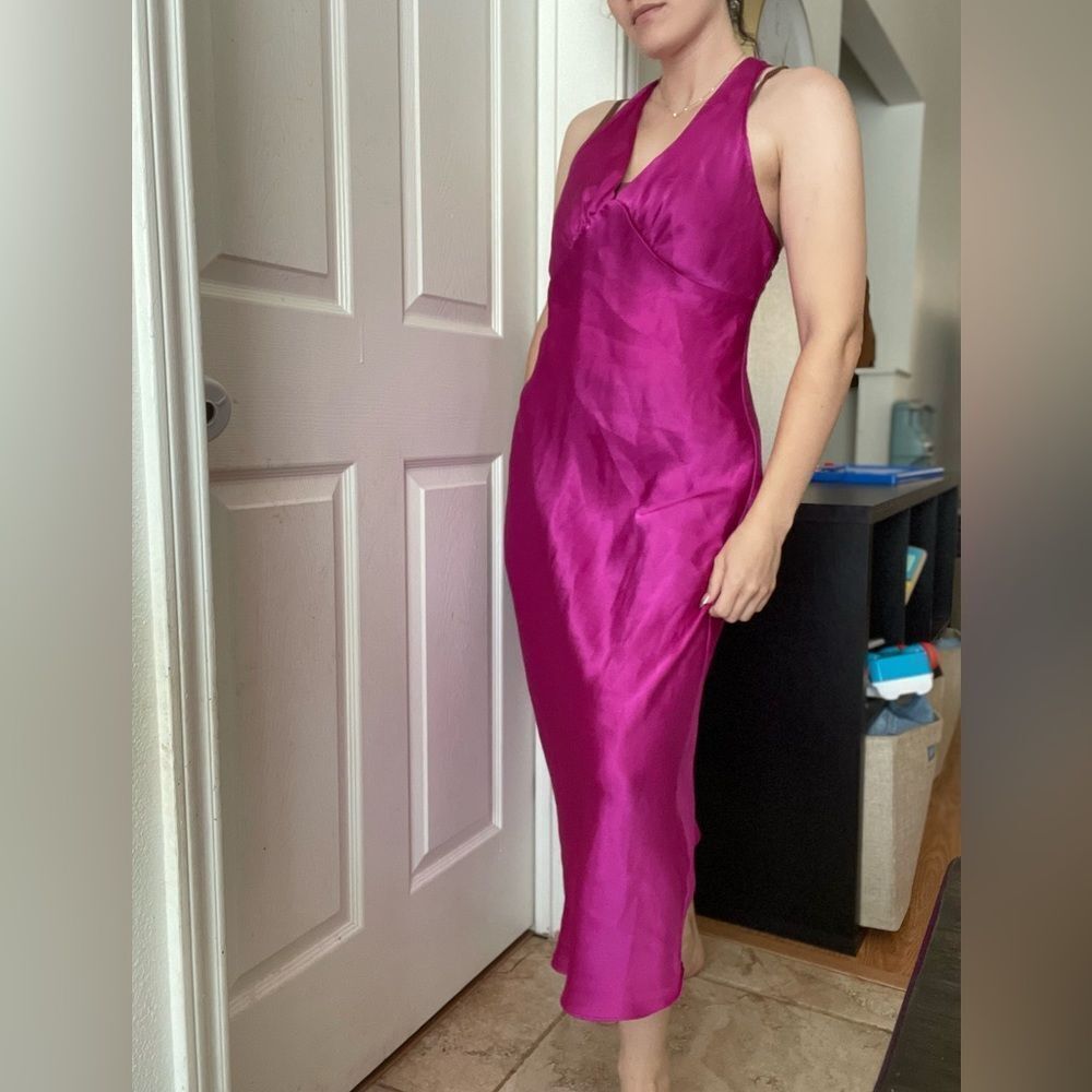 Vintage Jones New York Satin Maxi Slip Dress Sz Medium Magenta Purple Cross Back